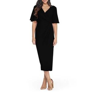 Maggy London Flutter Sleeve Faux Wrap Midi Dress Short Sleeve Black Size 8